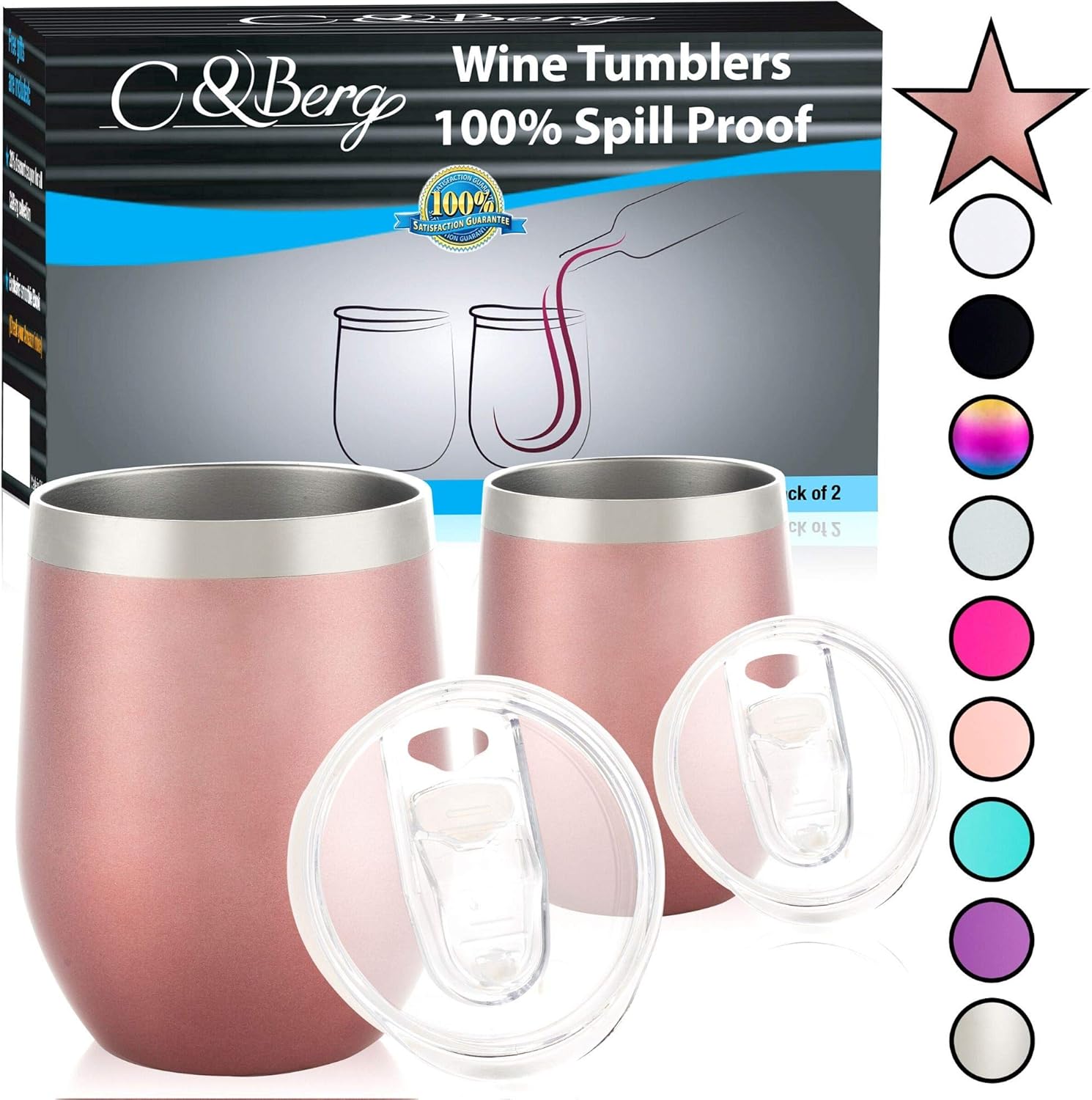 12 oz 2 Rose Gold Stainless Steel Wine Tumbler - Double Wall Vacuum Insulated Unbreakable Thermos w/Spill-proof Lid - For Wine Beer Coffee Cocktail - Travel-Friendly Mug - Birthday Gift Yeti Cup