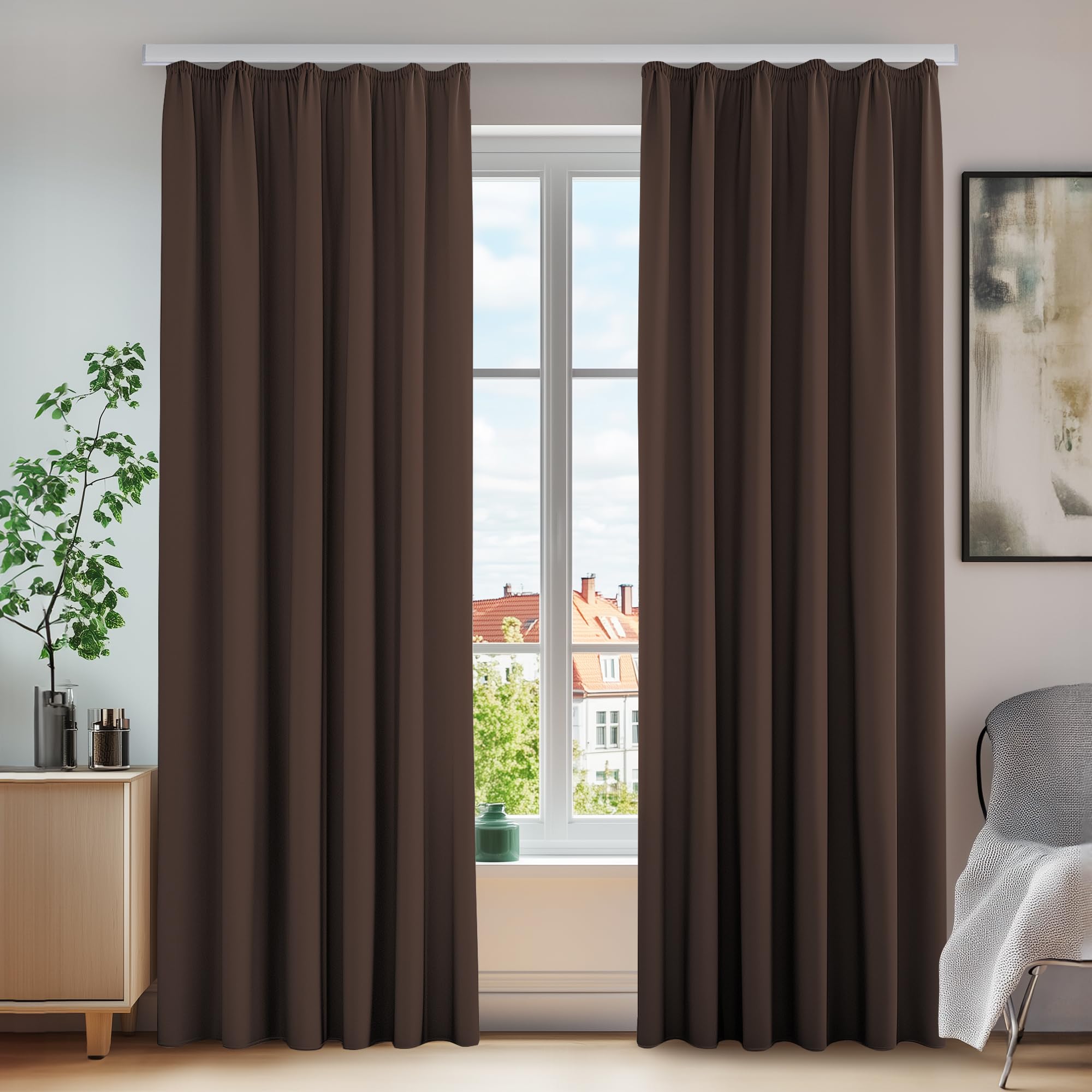 Deconovo Blackout Curtains 2 Pieces Lace and Ready Solid Opaque Soundproof Thermal Insulation for Bedroom Chocolate 140 x 260 cm