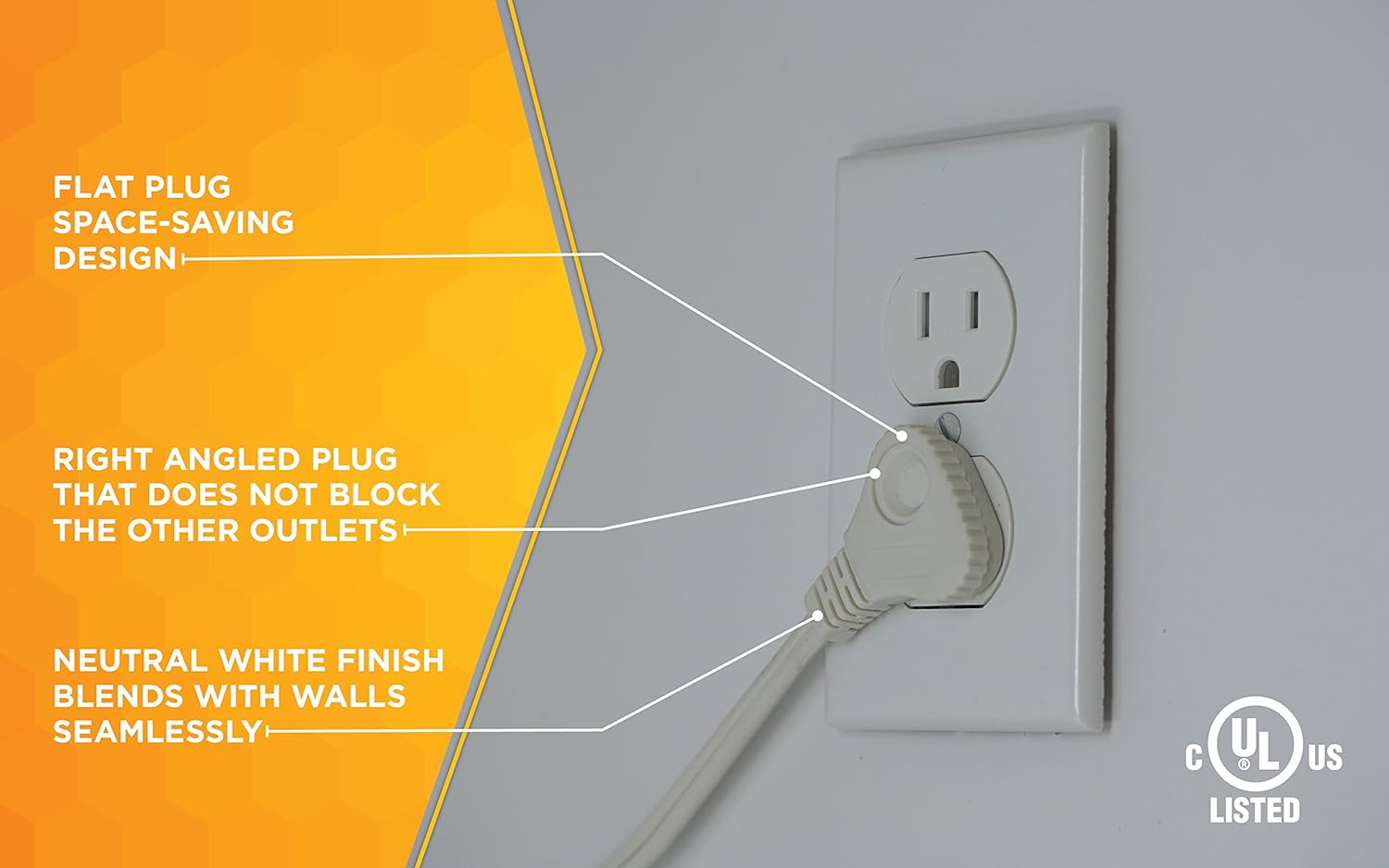 SlimLine 2235 Indoor Flat Plug Extension Cord, 3 Foot Cord, Right Angled Plug, 16 gauge, 3 Polarized Outlets, 125 Volts, Space Saving Design, Neutral White Color, UL and CUL Listed… - - 