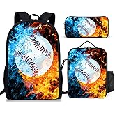 Okentiso Baseball Backpack Set for School,17 Inch Casual School Bags with Lunch Box, Kids Daypack Bags and Pencil Case Set for Teens Boys Men Students