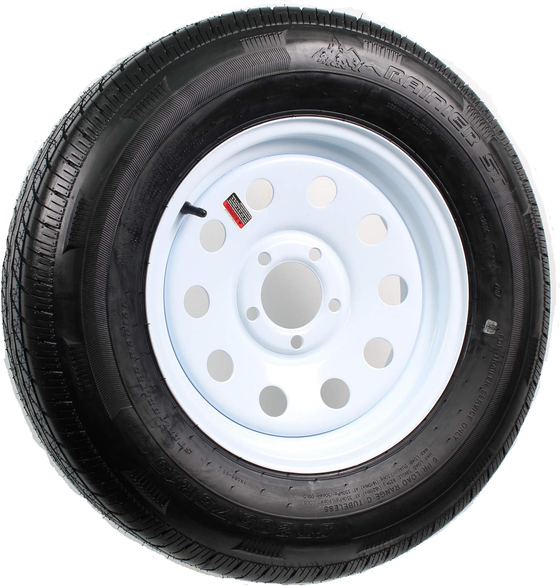 ST205/75R15 LRC 6 PR Rainier ST Radial Trailer Tire on 15" 5 Lug White Mod Trailer Wheel