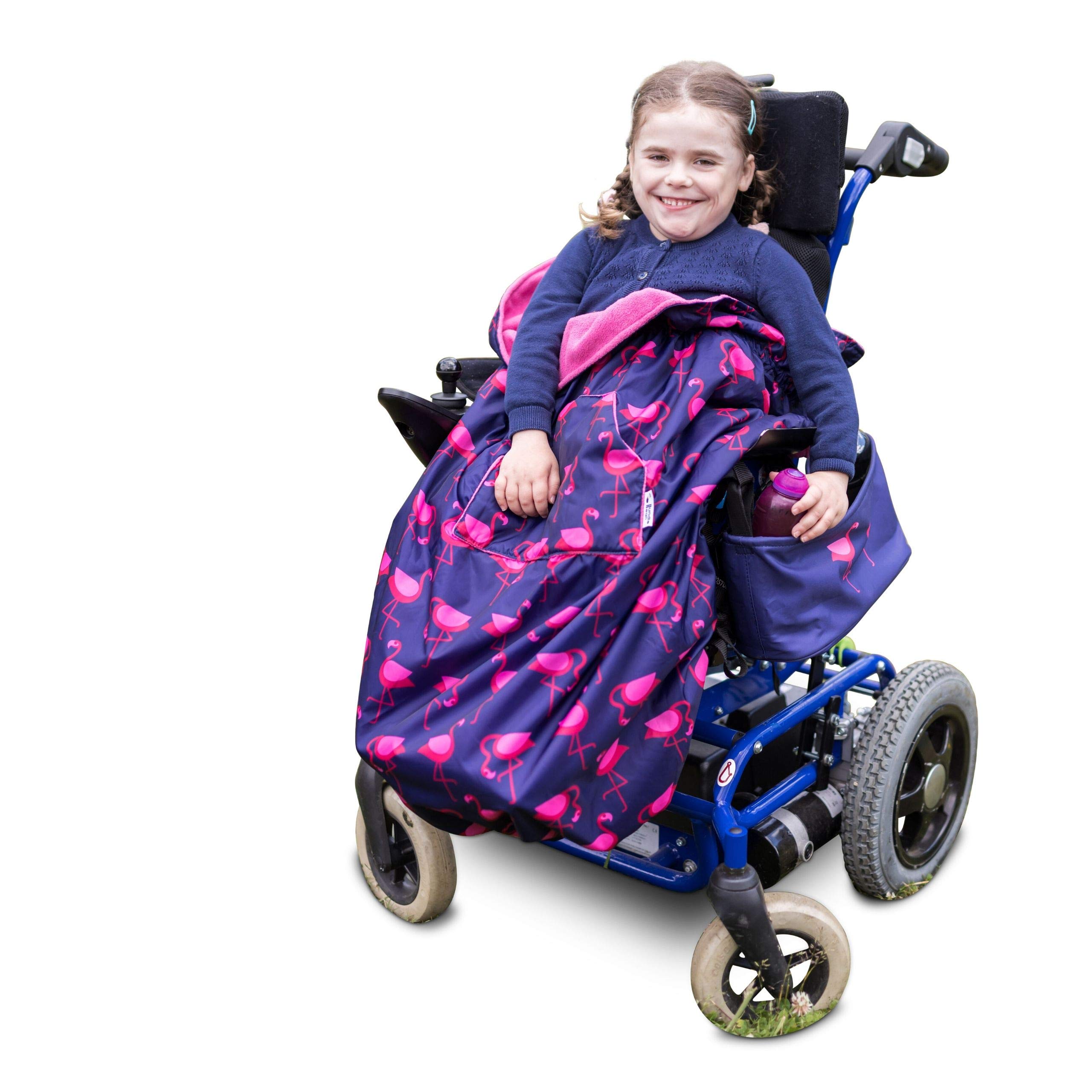 Bundlebean Children’s Wheelchair Cosy – Fleece‑Backed Waterproof Nylon, Front Hand-Warming Pouch, Adjustable Straps – Universal Fit for Wheelchair and Special Needs Buggy - Child Size (Navy/Flamingo)