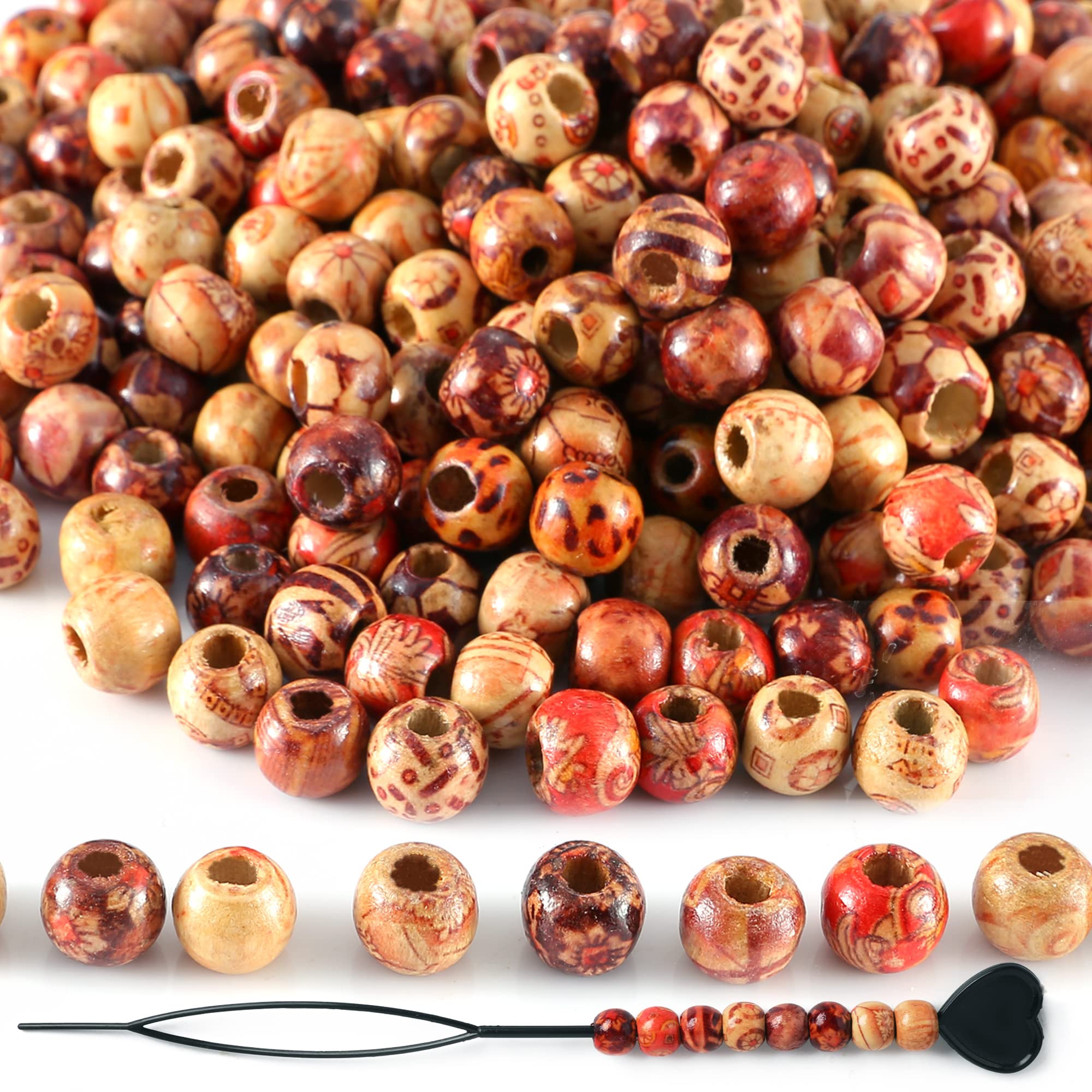 400pcs SOSMAR Round Wood Beads 9x10mm + Hair Braid Tool for Dreadlocks DIY Necklace Bracelet Jewellery Making Macrame Strings Craft — image 1