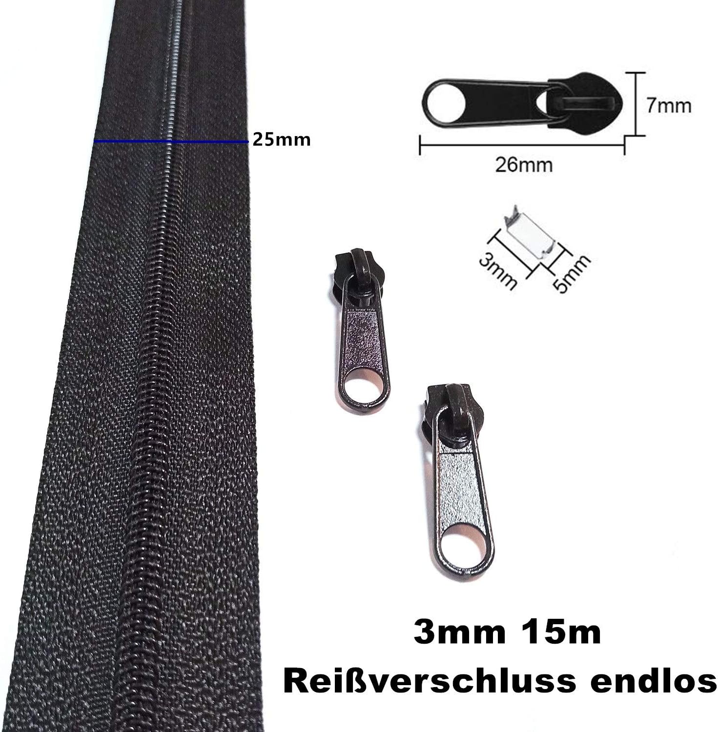 Endless 3mm Nylon Zipper 15m 3 Colors with Zipper and End Cap, Spiral Zipper Divisible by The Metre, 1" Wide for Clothes Bags - Image 4