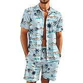 KYKU Mens Hawaiian Shirt and Short Set - Summer Short Sleeve Button Down Beach Shirts Tropical Vacation 2 Piece Outfits