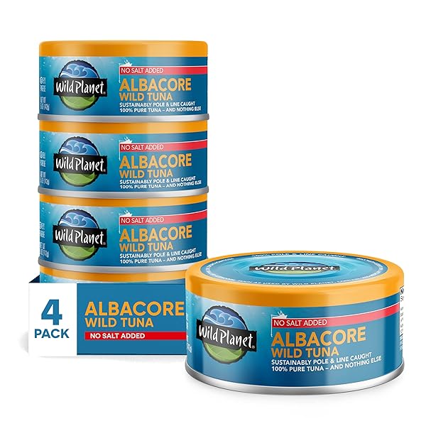 WILD PLANET ALBACORE WILD TUNA, NO SALT ADDED, CANNED TUNA, POLE & LINE CAUGHT, 5 OZ, PACK OF 4, PACKAGING MAY VARY