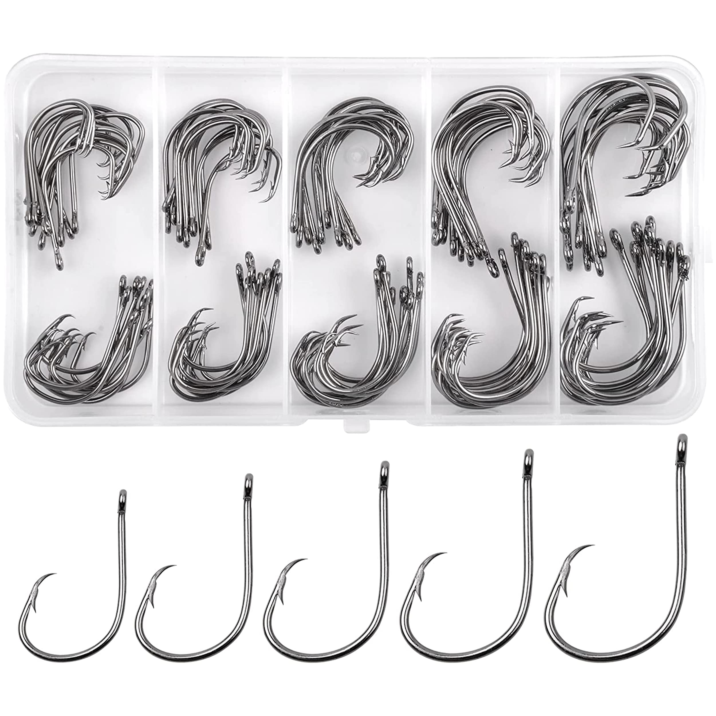 Circle Hooks Saltwater Fishing Hooks Kit High Carbon Steel Inline Straight Eye Circle Hook Chemically Sharpened Barbed Point Octopus Hook (100PCS/BOX)