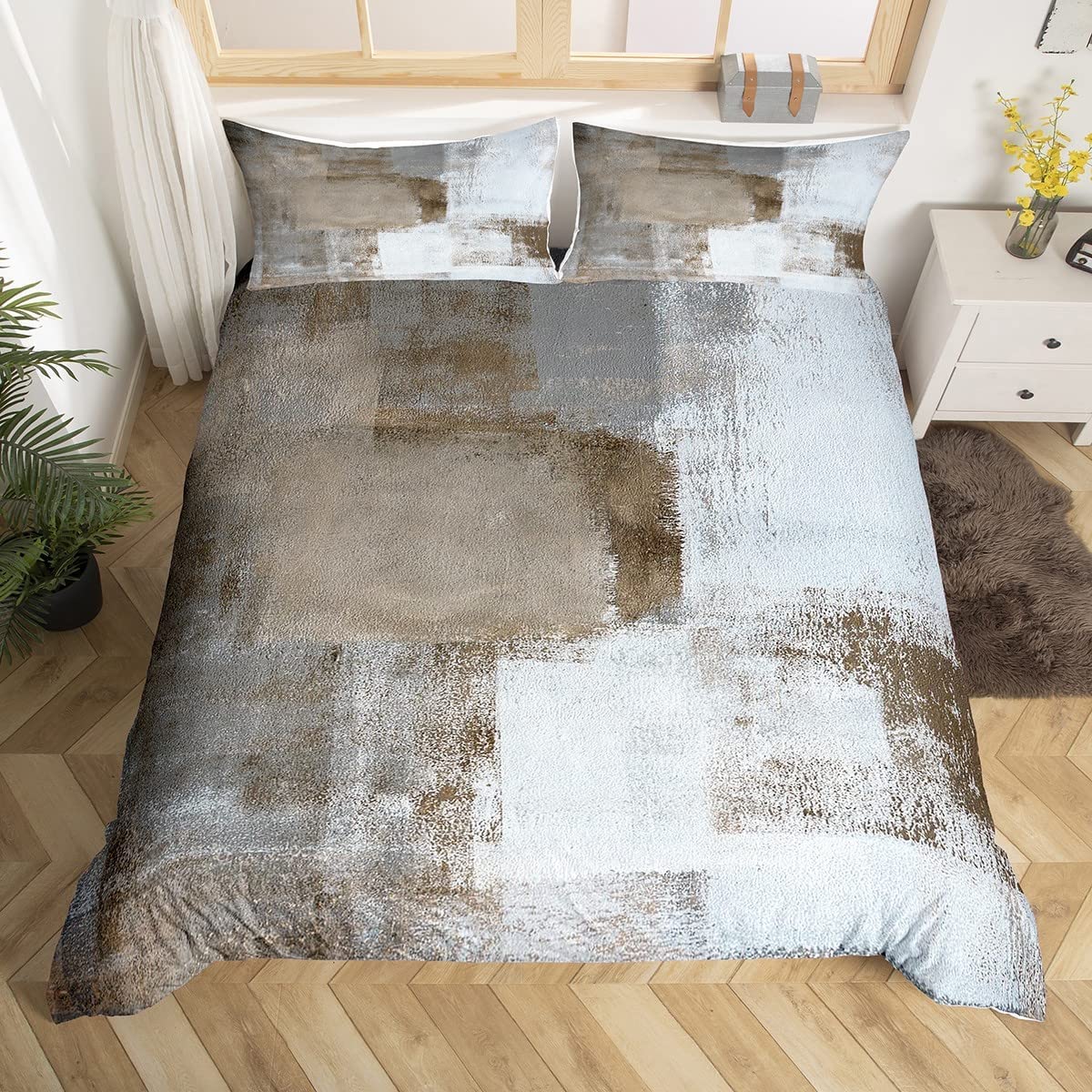 Brown Duvet Cover For Kids Teens Youth,Retro Style Tie Dyed Bedding Set,Ombre Watercolor Artwork Comforter Cover Double Size Soft,Grunge Contemporary Bedspread With 2 Pillowcases Home Room Decor