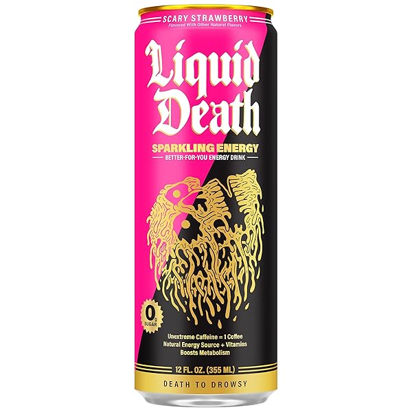 LIQUID DEATH SPARKLING ENERGY – SCARY STRAWBERRY, SUGAR-FREE ENERGY DRINK, UNEXTREME CAFFEINE 100MG, ESSENTIAL VITAMINS, 12 FL OZ (PACK OF 12)
