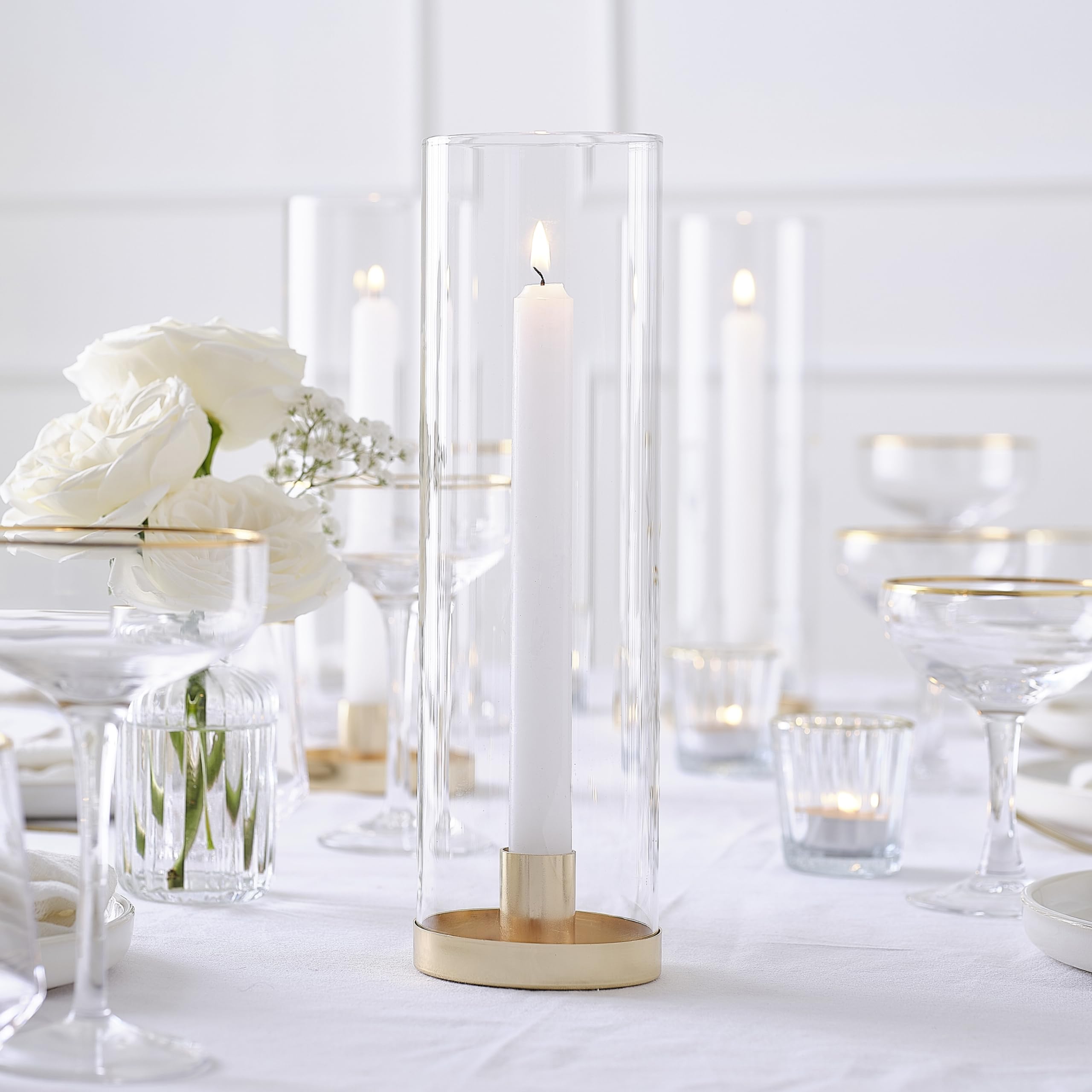 Ginger Ray Glass Hurricane Candle Holder with Gold Base and 1x White Candle Wedding Table Decoration 28cm