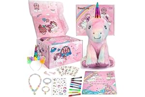 PERRYHOME Unicorn Gifts for Girls 26 Pcs Unicorn Surprise Box with Unicorn Plush, DIY Coloring Book, Unicorn Necklace & Jewelry, Girl Gift Toy Birthday Gift for 3-12(Colorful Plush Set)