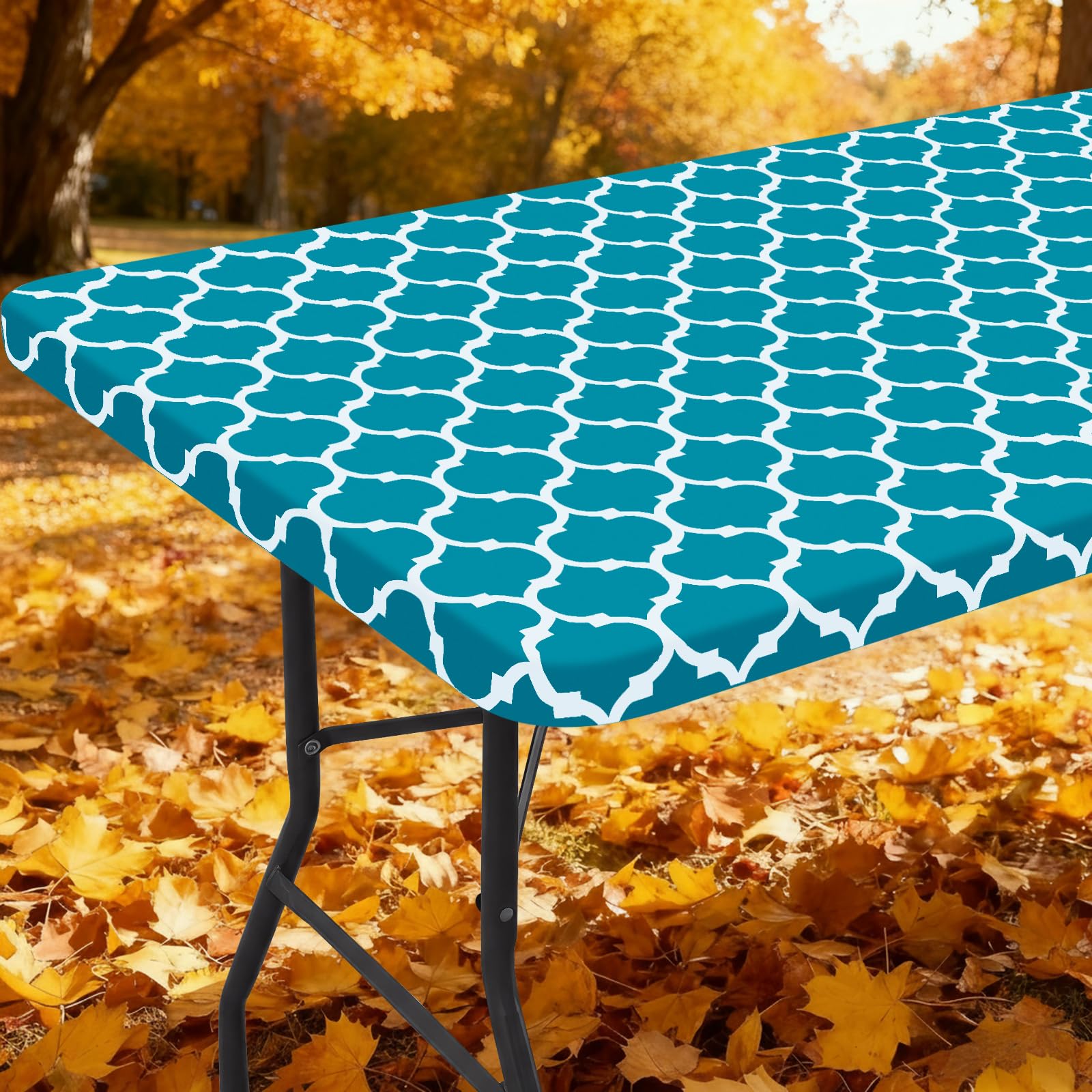 Photo 1 of Smiry Rectangle Picnic Table Cover, Waterproof Elastic Fitted Camping Tablecloths for 6 Foot Tables, Wipeable Flannel Backed Vinyl Tablecloth Protector for Indoor, Outdoor (Turquoise, 30x72 Inches)