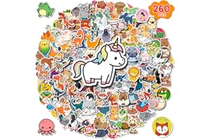WOHOHOHO 260Pcs Cute Water Bottles Stickers, Waterproof Vinyl Cute Animal Stickers Laptop Decals, Dog Cat Dinosaur Funny Stic