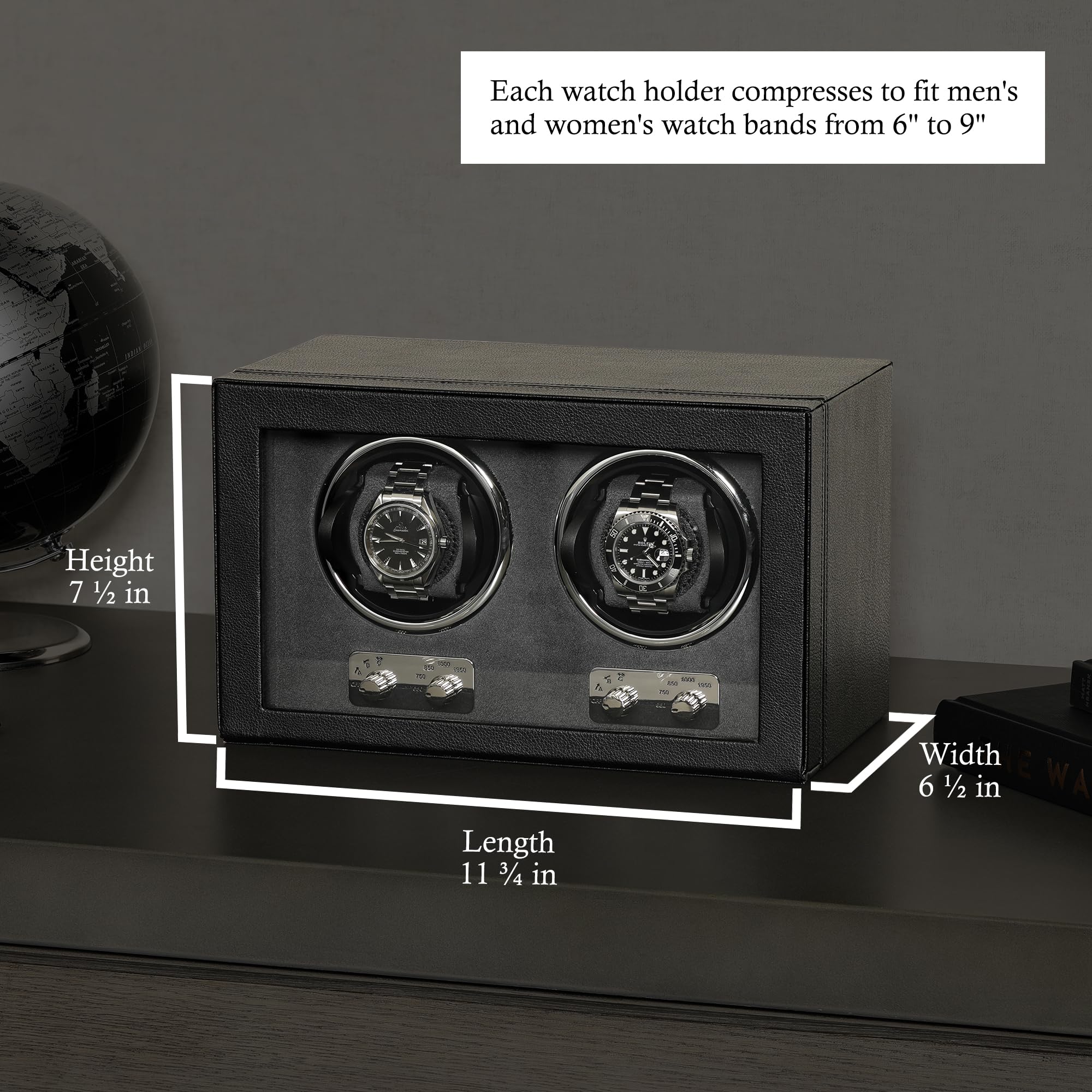 ROTHWELL Double Watch Winder for Automatic Watches with Quiet Motor with Multiple Speeds and Rotation Settings (Black/Grey)