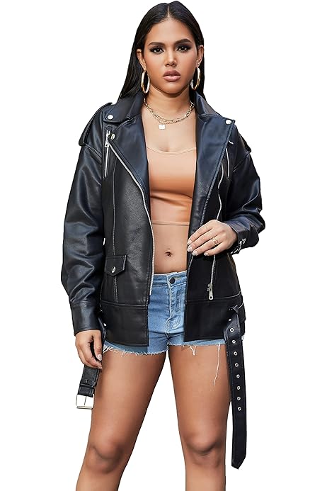 Leather Jacket LY VAREY Women's Oversized Faux Leather Biker