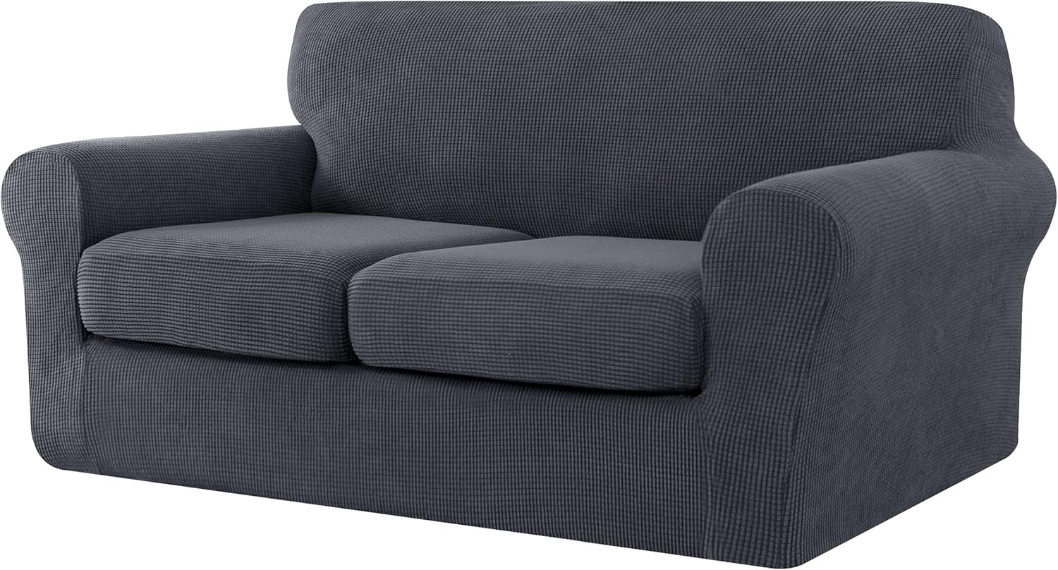 Slipcovers - CHUN YI 3 Pieces Stretch Loveseat Sofa Cover for 2 Seater Couch, Washable Soft Sofa Slipcover with 2 Separate Seat Cushion Covers for Dogs, Checks Spandex Jacquard Fabric, Medium, Grey/Gray
