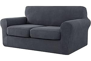 CHUN YI 3 Pieces Stretch Loveseat Sofa Cover for 2 Seater Couch, Washable Soft Sofa Slipcover with 2 Separate Seat Cushion Covers for Dogs, Checks Spandex Jacquard Fabric, Medium, Grey/Gray