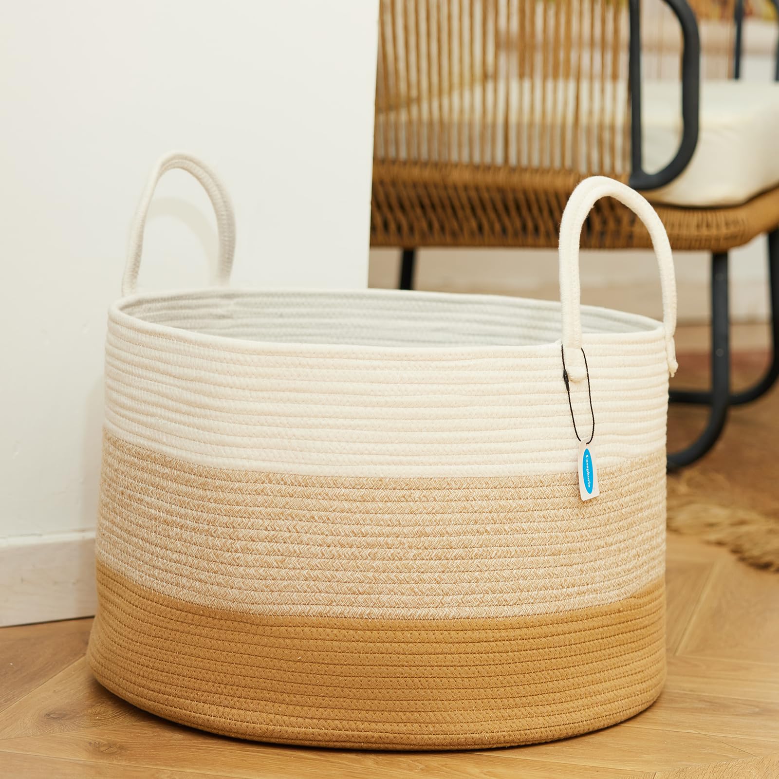 Blanket Basket, Storage Basket, Laundry Basket, 20”*20”*13”, Blanket Basket, Cotton Rope Basket, Laundry Hamper,Blanket Storage for Living Room (White & Gradient Brown