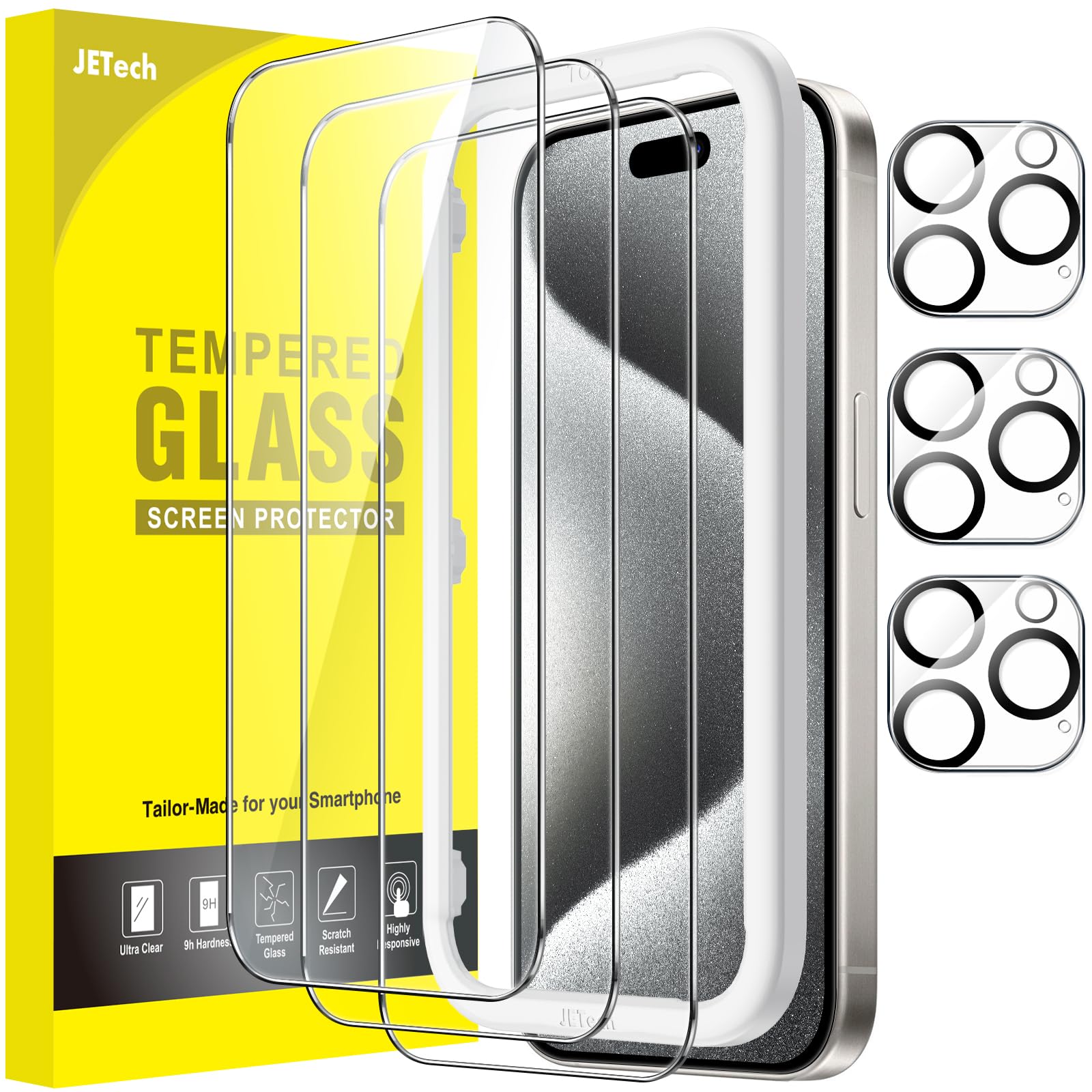JETech Screen Protector for iPhone 15 Pro 6.1-Inch with Camera Lens Protector, Bubble Free, Easy Installation Tool, Tempered Glass Film, HD Clear, 3-Pack Each