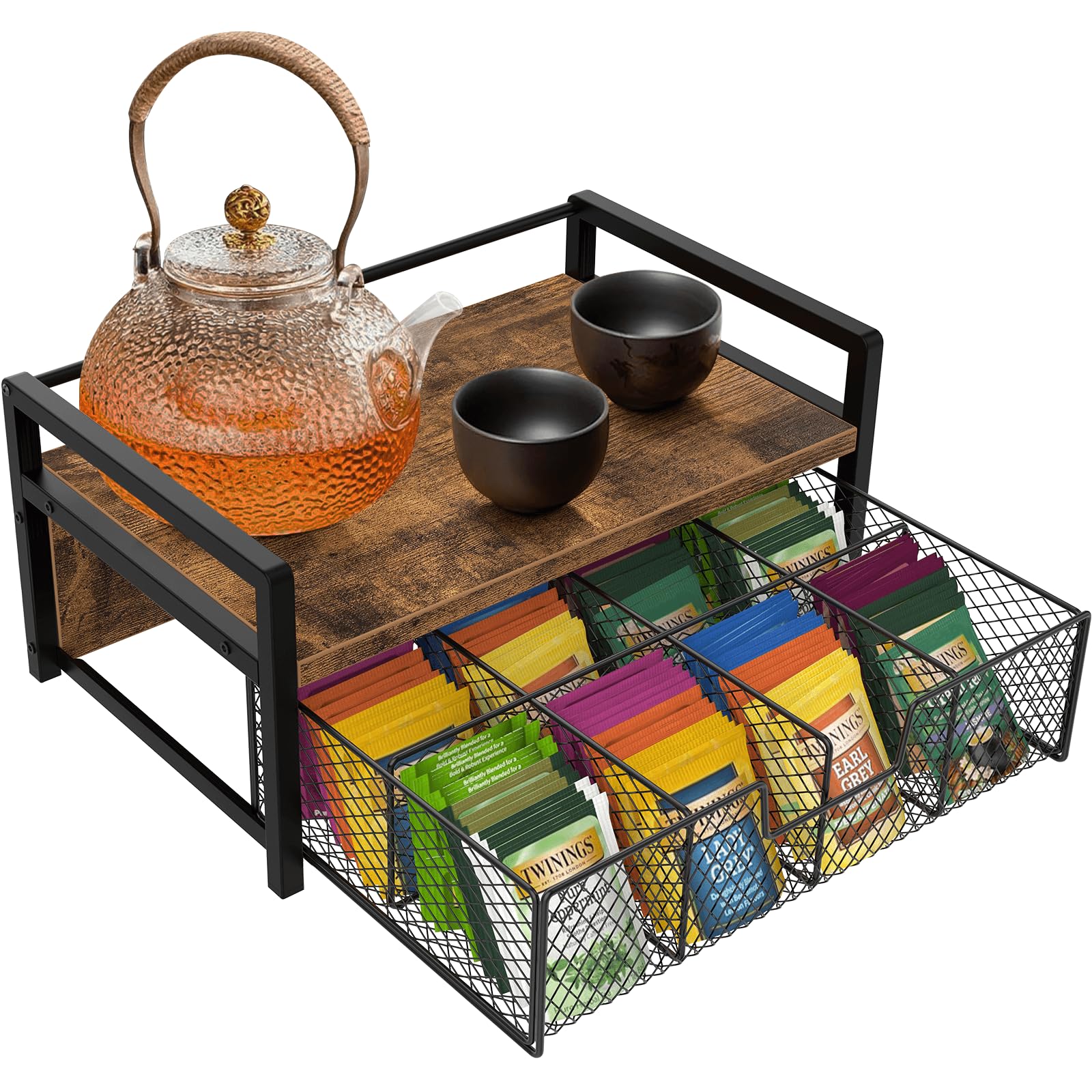 Homode Tea Bag Organizer, Wood Tea Organizers and Storage Chest, Teabag Holder with Storage Drawer,Tea Station Chest Display Container Box for Countertop Kitchen, Rustic Brown