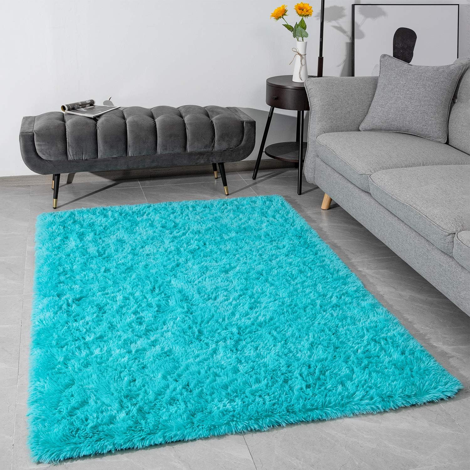 Modern Fluffy Large Area Rugs for Living Room Bedroom, Soft Shaggy Plush Long Fur Rug Kids Non-Slip Play Mats, Fuzzy Floor Carpets for Girls Room Dorm Nursery Indoor Decor, 3x5 Feet Teal Blue