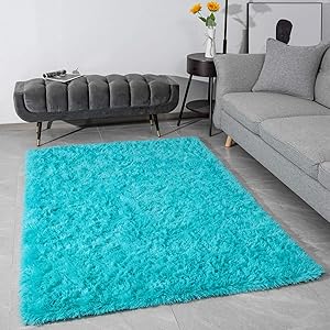 Modern Fluffy Large Area Rugs for Living Room Bedroom, Soft Shaggy Plush Long Fur Rug Kids Non-Slip Play Mats, Fuzzy Floor Carpets for Girls Room Dorm Nursery Indoor Decor, 3x5 Feet Teal Blue