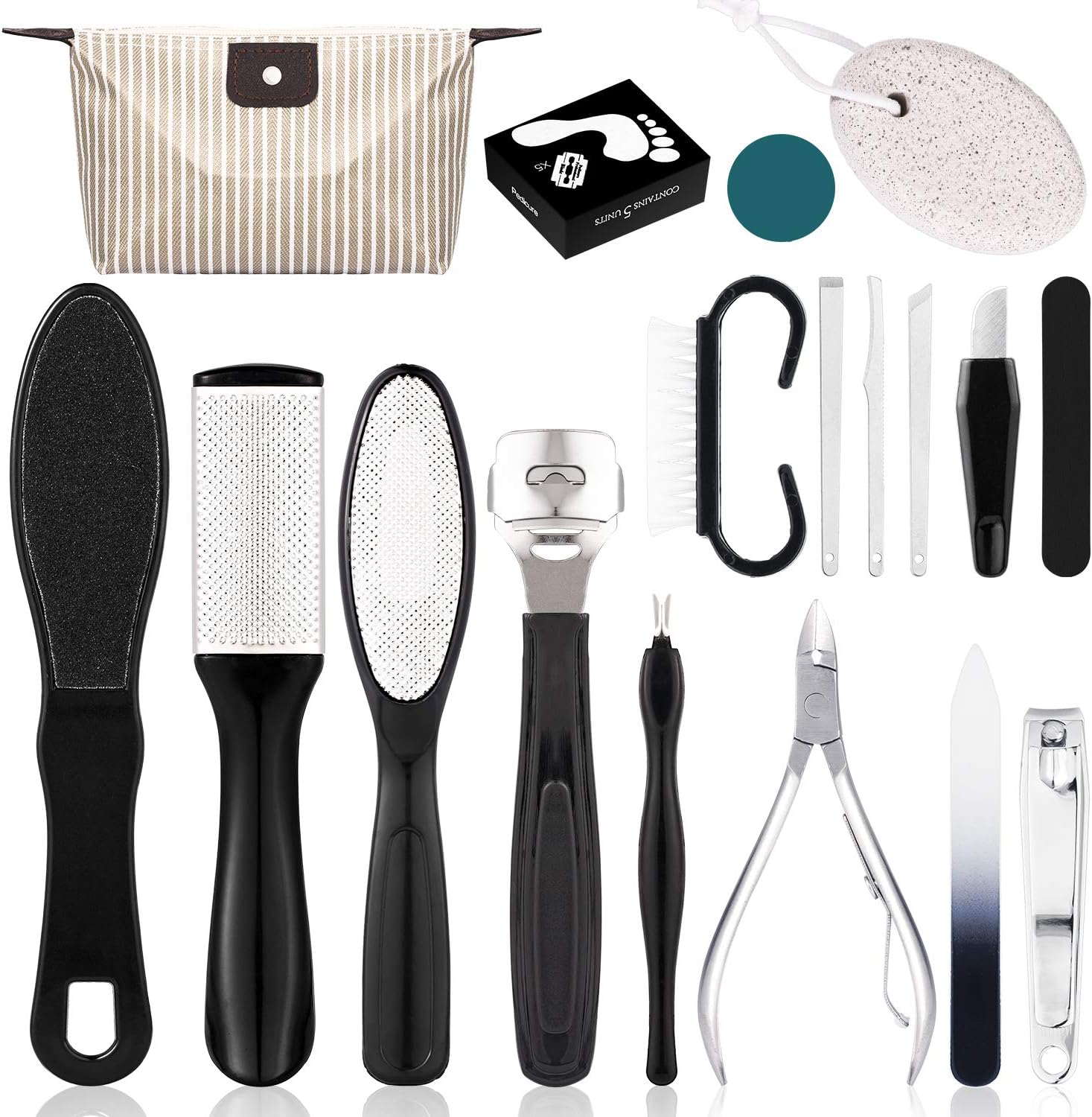 Whaline Pedicure Tools Kit, Dead Skin Tool Set 18 in 1, Stainless Steel Foot Callus Remover, Foot File Rasp
