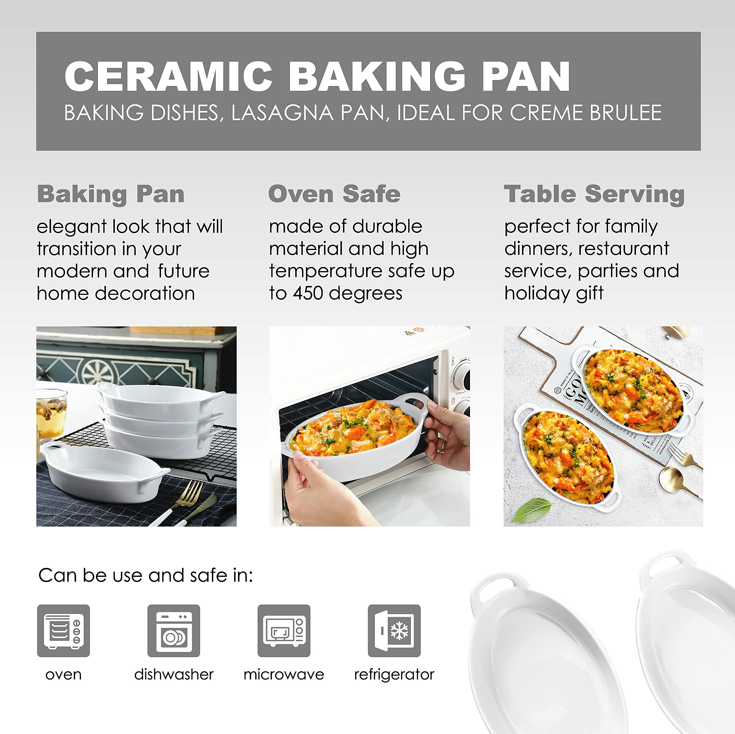 Bruntmor 8 x 5 inch Oval Porcelain Ceramic Deep Dish Au Gratin Pan Set of 4, Dual Handle Au Gratin Baking Dishes, Oven Safe Roasting Lasagna Pan For kitchen- White