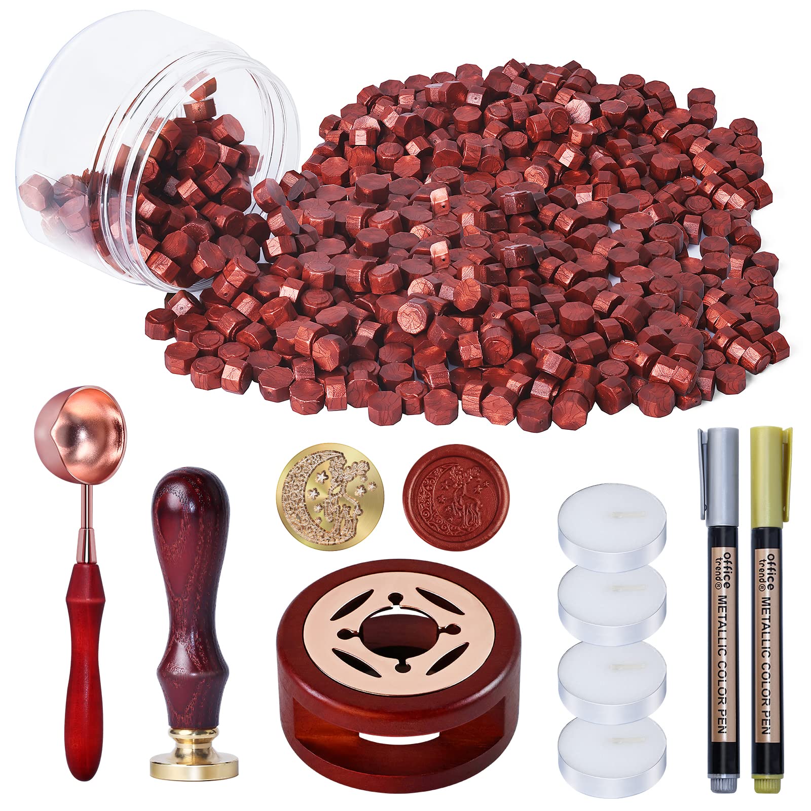 250 PCS Wax Seal Stamp Kit, WEWINK PLUS Wine Red Sealing Wax Beads with Deer Stamp, Warmer, Spoon, Tea Candles, Metallic Pen for Stamp Seals, Gifts, Invitations, Envelopes, Craft — image 1