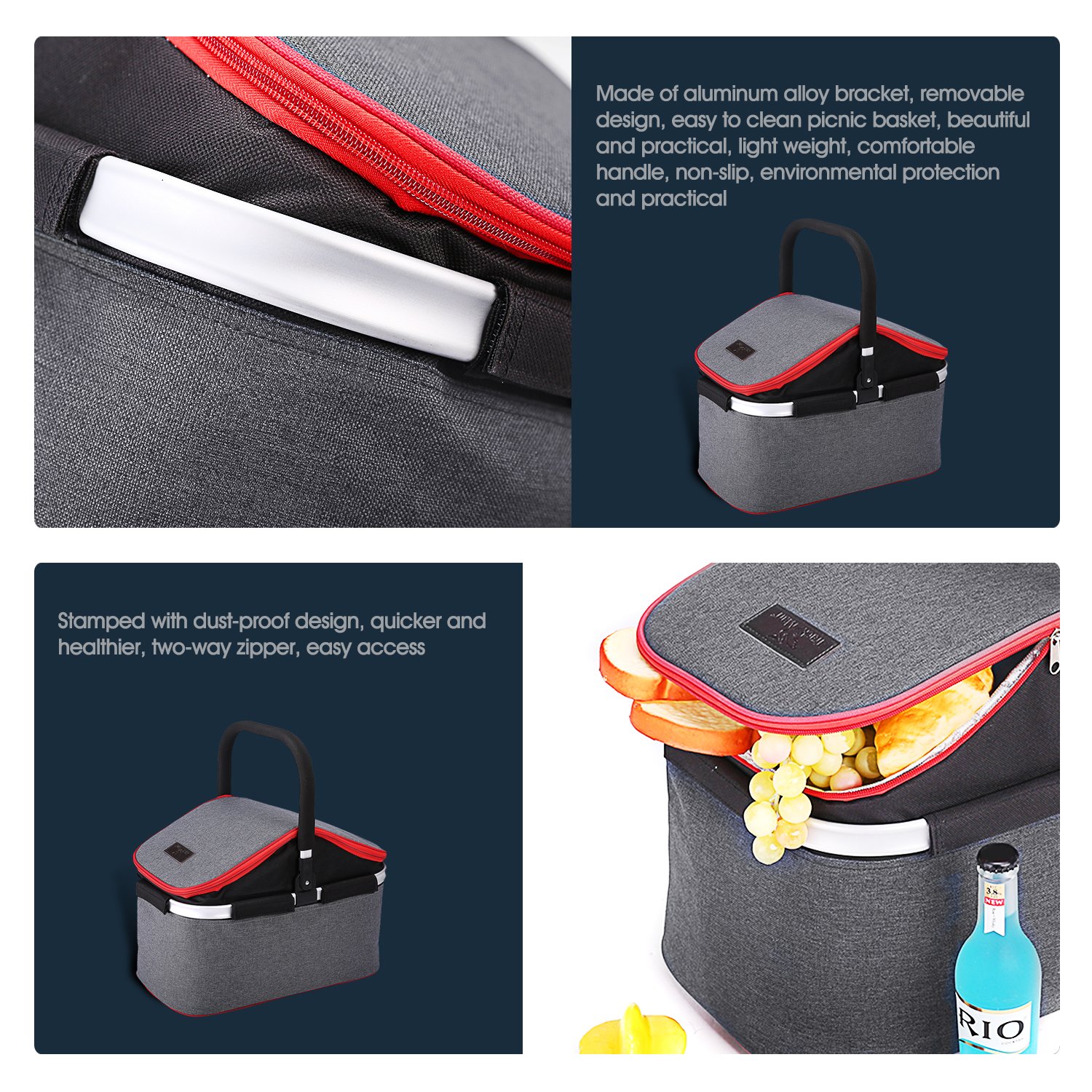 Collapsible Soft Cooler Bag 30L Family Size Insulated Folding Picnic Basket Service for 4 Person’s Food and Drink Keep Hot/Cold/Fresh for Hours Waterproof Insulation Tote With Aluminum Handle-Gray