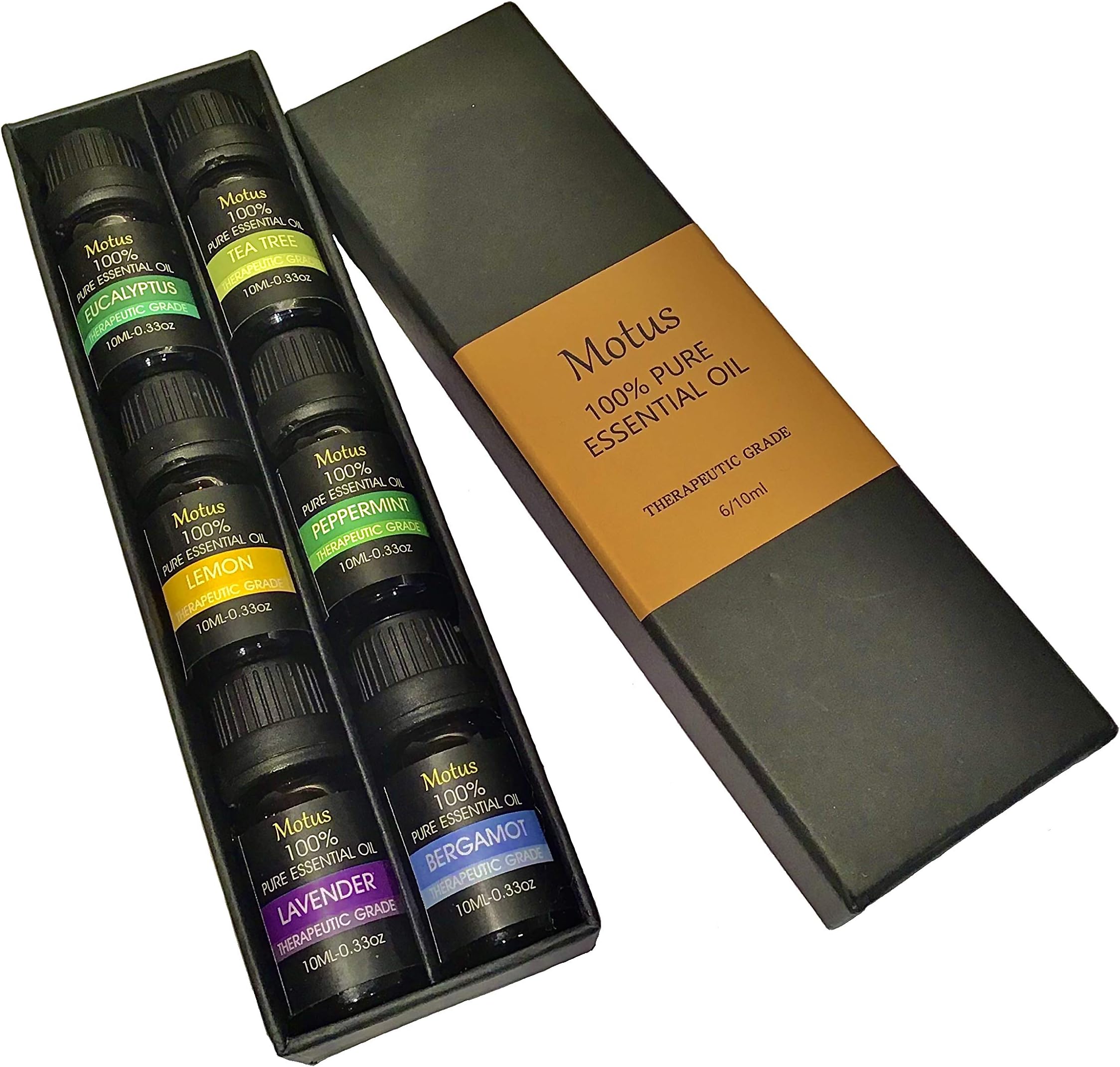 MotusEssential Oils Set 6x10ml Diffusers Aromatherapy Oils Fragrance Gift Set 100% Pure Essential Oil for Diffuser Scented Oils Eucalyptus, Tea Tree, Peppermint, Lemon, Lavender, Bergamot,