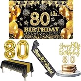 80th Birthday Decorations Men Women with 80th Birthday Banner, Black and Gold Table Cloth, Number Balloons, Large Sash, Cake Topper and Candles