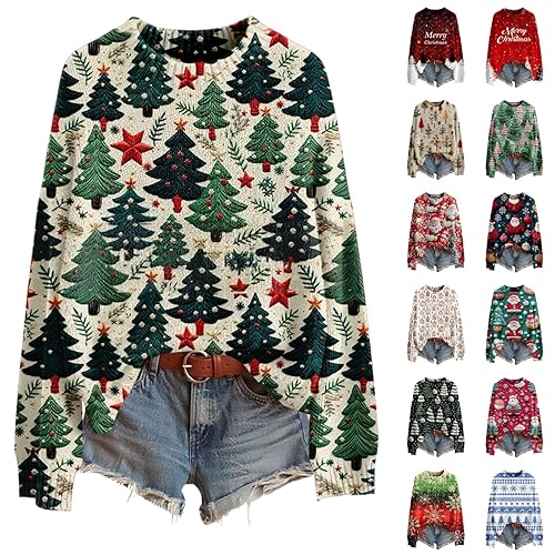 Sweatshirts for Women UK, Christmas Jumpers for Women UK, Plus Size Long Sleeve Knit Sweaters Fashion Christmas Artistic Funny Xmas Tree Print Sweatshirts Casual Oversized Pullover Tops (d-Green, L)
