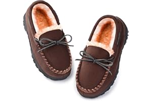 NCCB Boys & Girls Memory Foam Moccasin Slippers - Furry Plush Lining, Non-Slip Indoor/Outdoor for Big Kids, Little Kids & Toddler