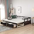 Merax Wooden Daybed Extendable Bed with Trundle Bed and Two Storage Drawers, Sofa Bed for Bedroom Living Room (Espresso)