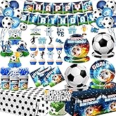 Soccer Birthday Party Decorations, 197Pcs Soccer Party Decorations with Plates,Napkins,Cups,Tablecloth,Banner,Hanging Swirls,Honeycomb,Balloons,Cupcake Topper for Boys Sports Theme Birthday Supplies