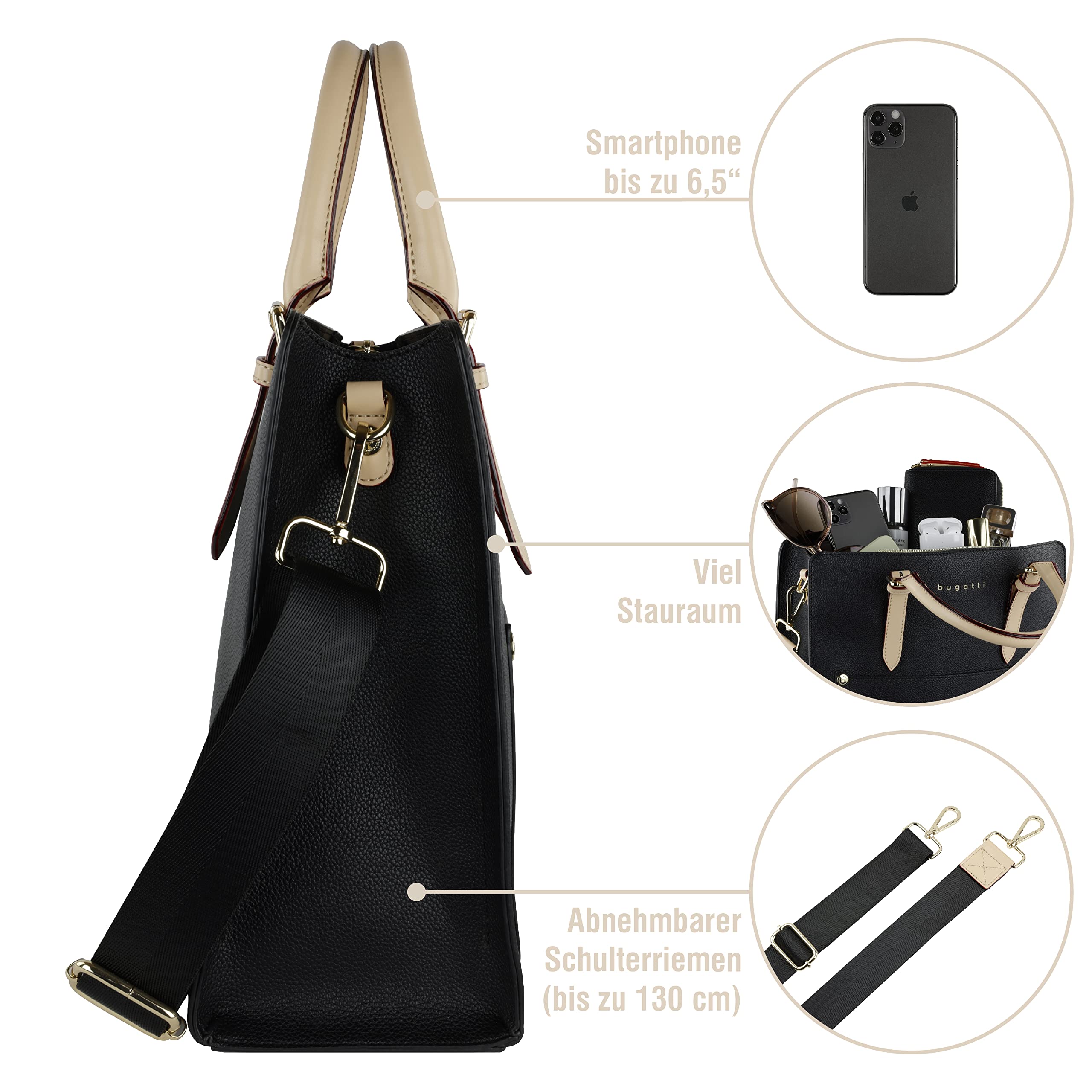 bugatti Ella Handtasche L für Damen, Frauen Tasche groß, Damenhandtasche in schwarz