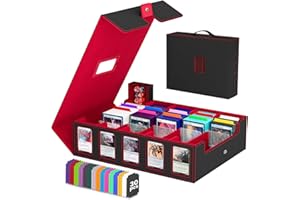 GOMYROD Trading Card Storage Box, 5 Row Card Deck Case with Commander Display & Portable Handle, 4200+ Card Deck Boxes Compatible for MTG TCG Magic Cards, 30 Divider, 8 Supporters, 1 Dice Tray (Black & Red)