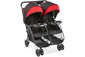 Kolcraft Cloud Plus Lightweight Double Stroller Side-by-Side for Infant Toddler, Compact Folding Travel System with Reclining Seats, Canopies, Storage Basket, Trays, Easy Maneuver – Red Black