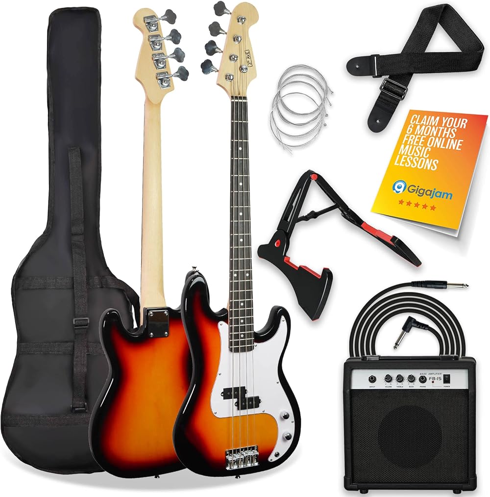 3rd Avenue Full Size 4/4 Electric Bass Guitar Beginner Pack Sunburst 15W Amp