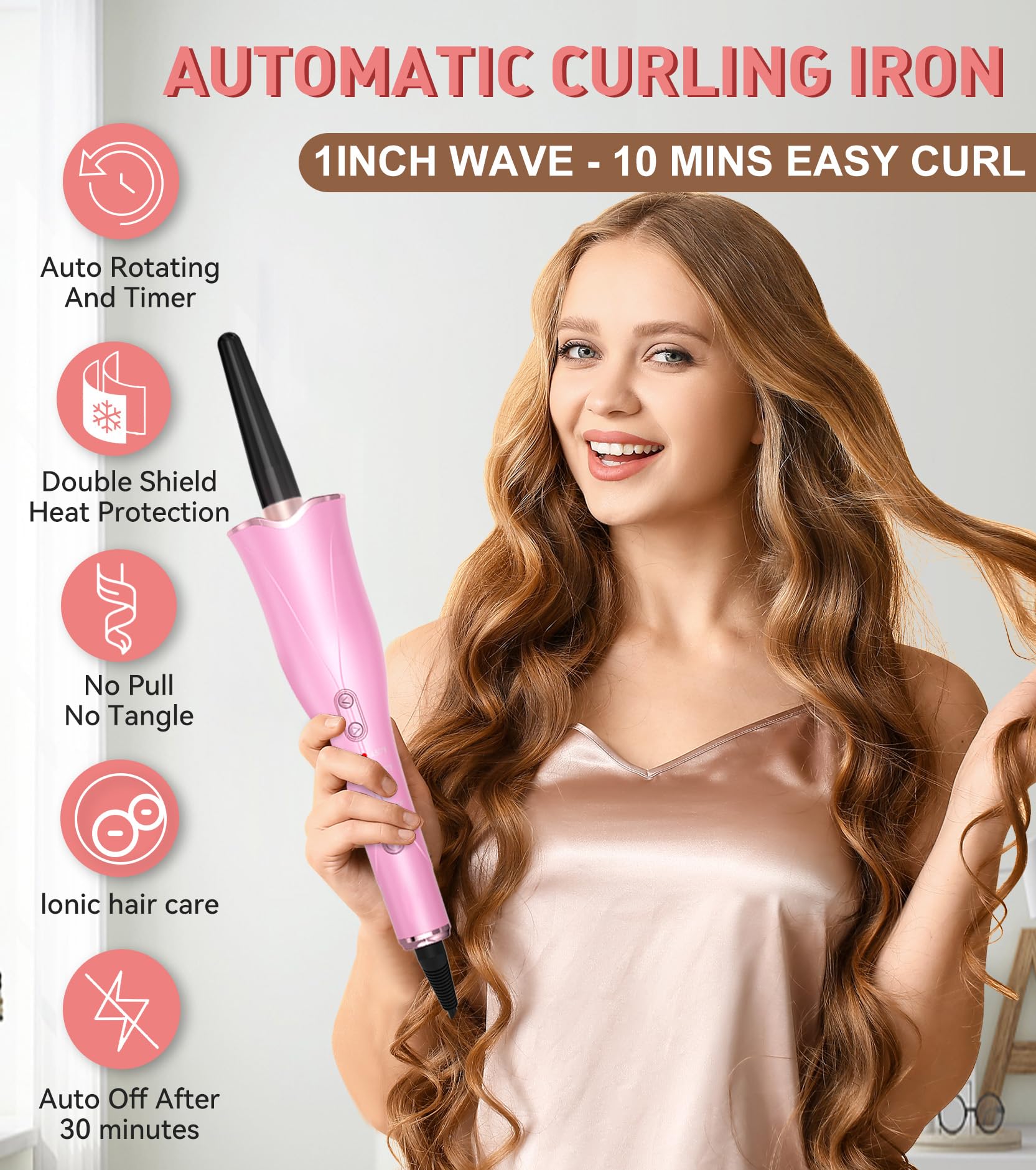 Automatic Curling Iron, Curling Wand Self Rotating for Medium and Long Hair, with Guider Rod - Easy to Use, No Burns, No Tangle, Fast Curl, 1 Inch, Dual Voltage, Automatic Hair Curler for Teen Girls