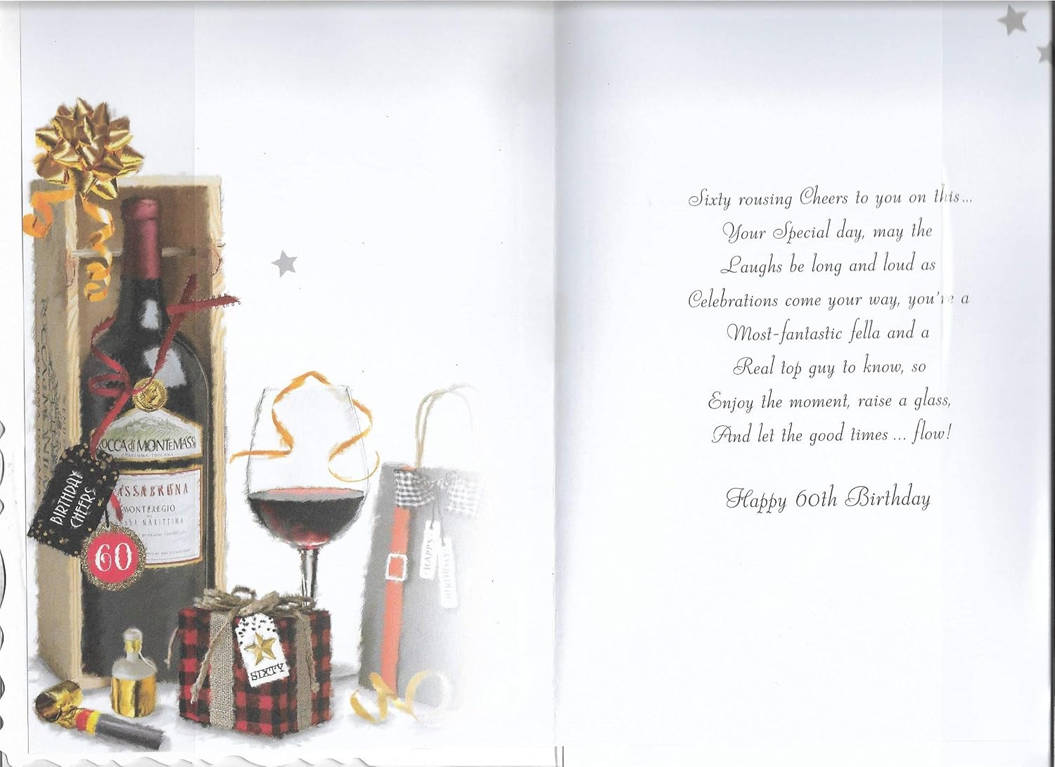 60th Birthday Card - Male - Wine Bottle, Glass and Gift Bag, silver, 23cm x 16cm - Image 3