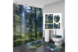 Fashion_Man 4PCS/Set Green Tree Misty Forest Shower Curtain Waterproof Polyester Fabric Cloth Bath Curtain, Non-Slip Bathroom Rugs Bath Mat Toilet Rug Natural Landscape Bathroom Set, Sunshine Forest