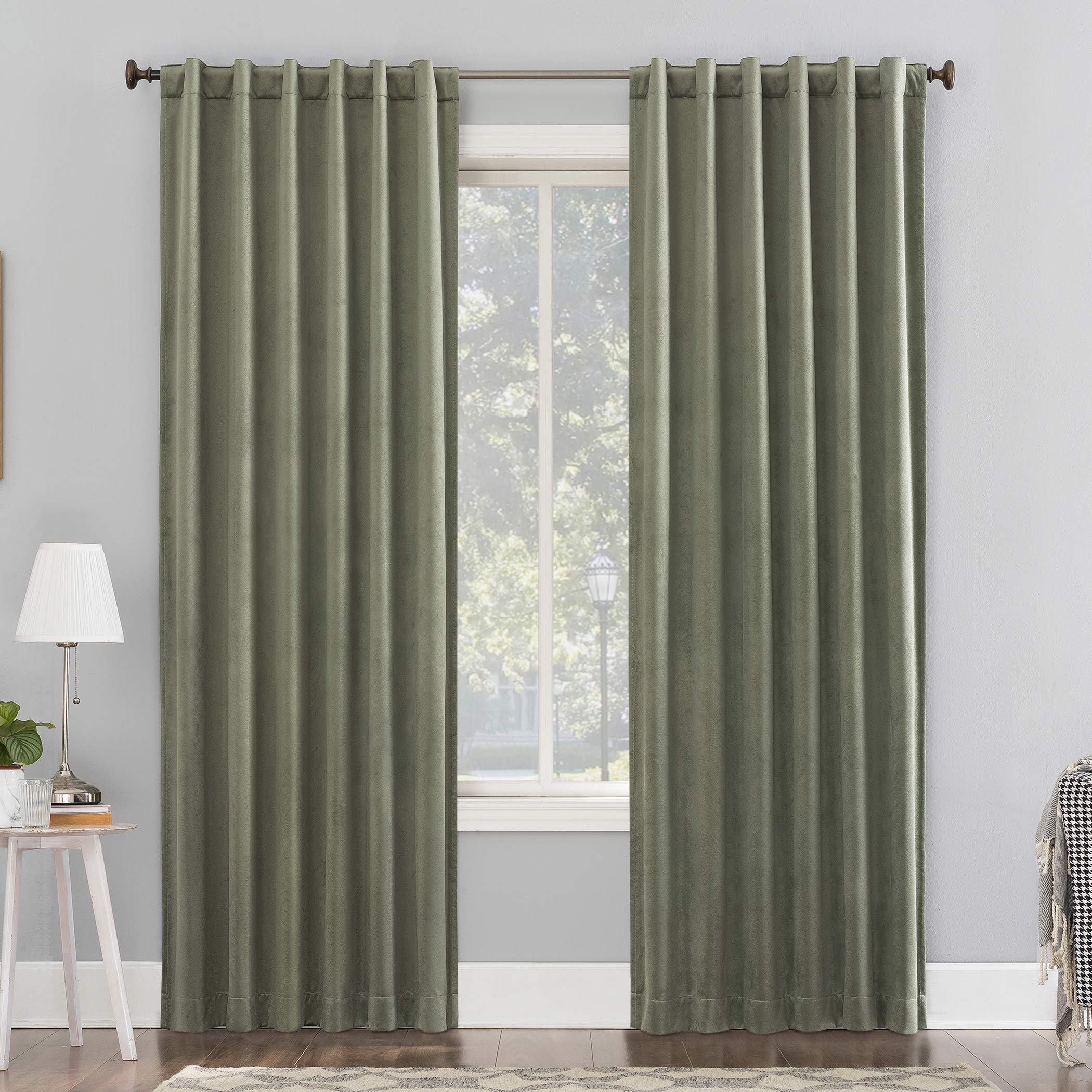 Sun Zero Hampshire Velvet Noise Reducing Thermal Extreme 100% Blackout Back Tab Curtain Panel, 50" x 84", Moss Green — image 1