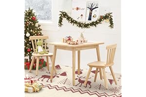 Curipeer Windsor Kids Table and 2 Chair Set, Rubberwood Children Toddler Table and Chair Set with Non-Slip Legs/Round Edge Design for Art, Play, Craft, Activity, Natural Wood