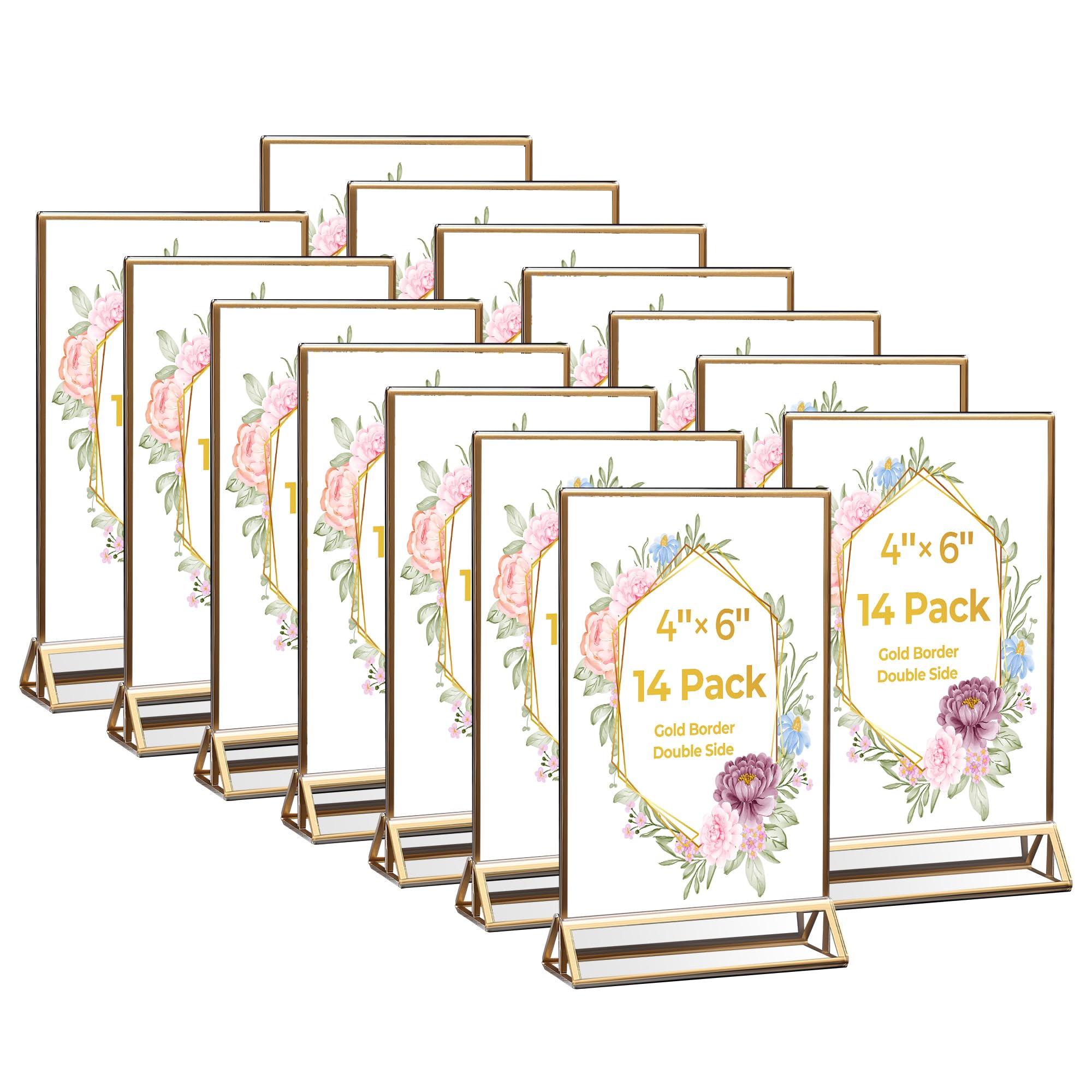 Photo 1 of 14 Pack Acrylic Sign Holder 4x6 Gold Frames, Wedding Table Number Holders Double Sided Vertical Clear Display Stand, Picture Holders for Tables, Menus, Flyers, Party and Office Decor