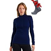 Merino Wool Base Layer Women - 100% Merino Half Zip Sweater Women Lite, Midweight, Heavyweight Thermal Shirts and Socks