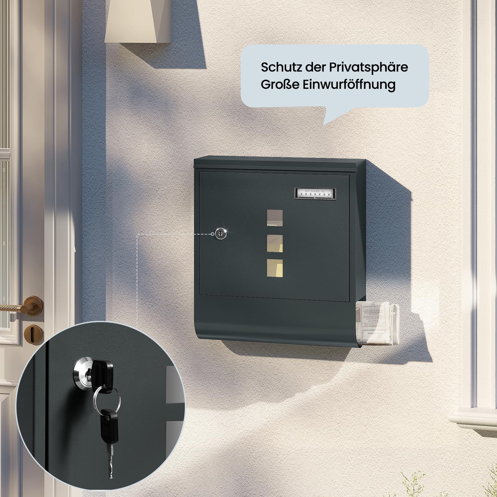 WOLTU Briefkasten Postkasten mit Zeitungsfach Sichtfenstern Namensschild, Wandbriefkasten abschließbar, mit 2 Schlüsseln, modern, Anthrazit, 30,5x33,5x9 cm 3