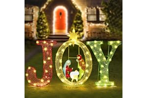 Tuanse 3 Pcs Outdoor Joy Christmas Decoration 35 Inch Large Lighted Joy Christmas Yard Sign with Nativity Scene Set Outdoor Xmas Decorations for Patio Garden Lawn Porch Xmas Holiday Outside Indoor
