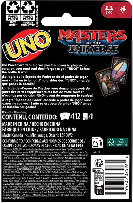 Jogo de Cartas UNO Masters of The Universe com baralho temático de filmes para crianças, Noites em Família, Festas, Viagens e Campismo, 2-10 Jogadores, +7 anos, JMF11